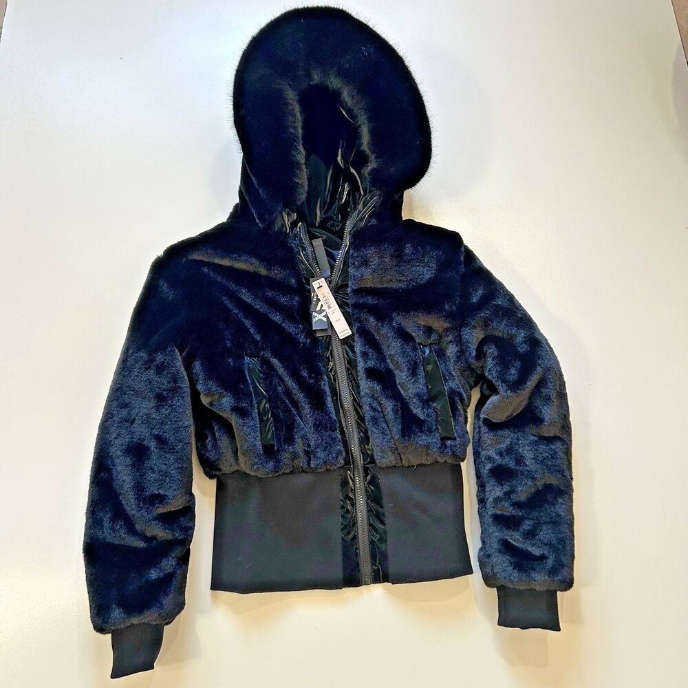 NWT Victoria's Secret VSX Faux Fur Nylon Jacket Coat Black Hoodie Reversible XS